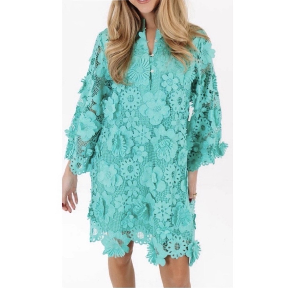 J.Marie Seraphina Dress Teal Short Floral 3D Lace 3/4 Sleeve Shift Kaftan NWT
